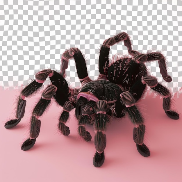 a spider with a black body and a pink background with a black and white checkered pattern