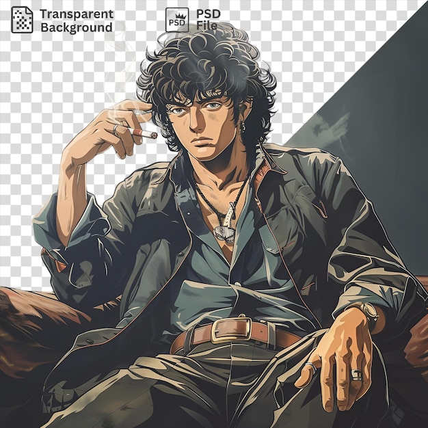 spike spiegel from cowboy bebop smoking a cigarette while wearing a brown belt and gold and silver necklace with curly black hair and a hand visible in the foreground