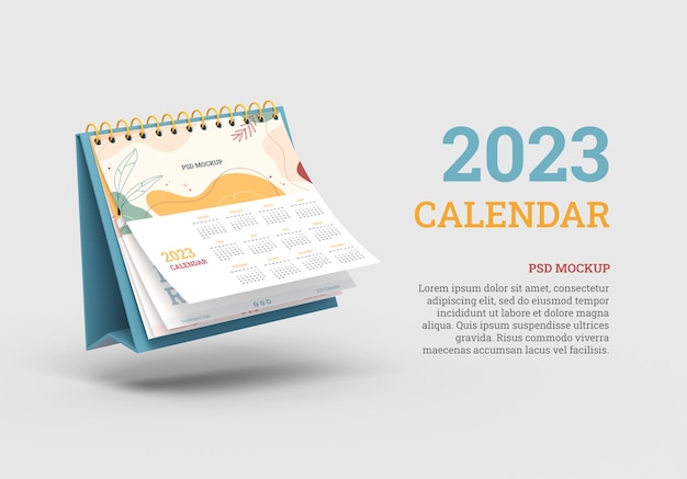 Spiral desktop calendar mockup floating on a neutral background with copy space for new year 2023