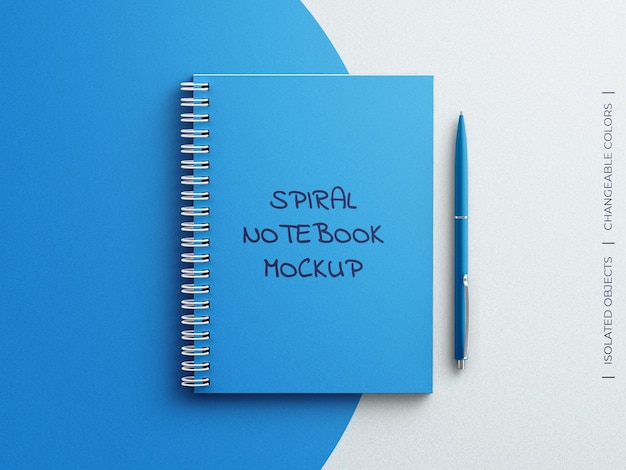 Spiral notebook diary planner hardcover mockup with pen isolated