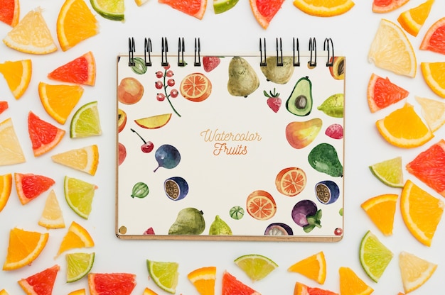 Spiral notebook mockup with fruits