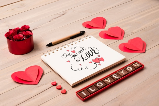 Spiral notebook mockup with valentine concept