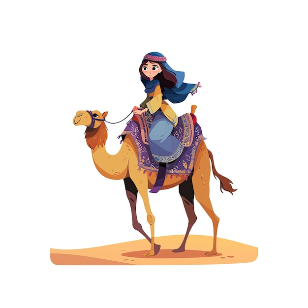 PSD spirited arab girl riding a camel across cartoon illustration