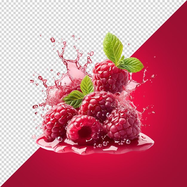 PSD a splash of raspberries and mint leaves on a red background