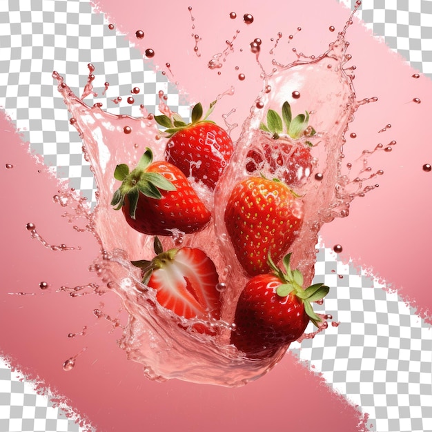 Splashing juice from sliced strawberries on transparent background