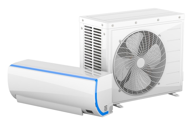 PSD split system air conditioner with indoor wall unit and outdoor compressor unit 3d rendering isolated on transparent background