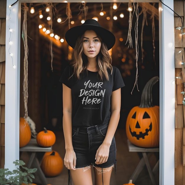 PSD spooky autumn nights halloween black tshirt mockup with a girl standing on the porch