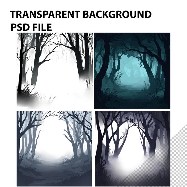 Spooky fog rolling through a dark forest isolated on transparent background