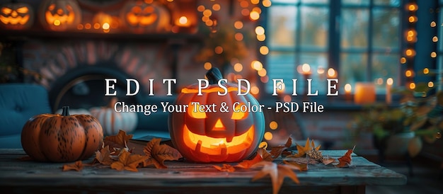 PSD spooky halloween pumpkin with glowing eyes