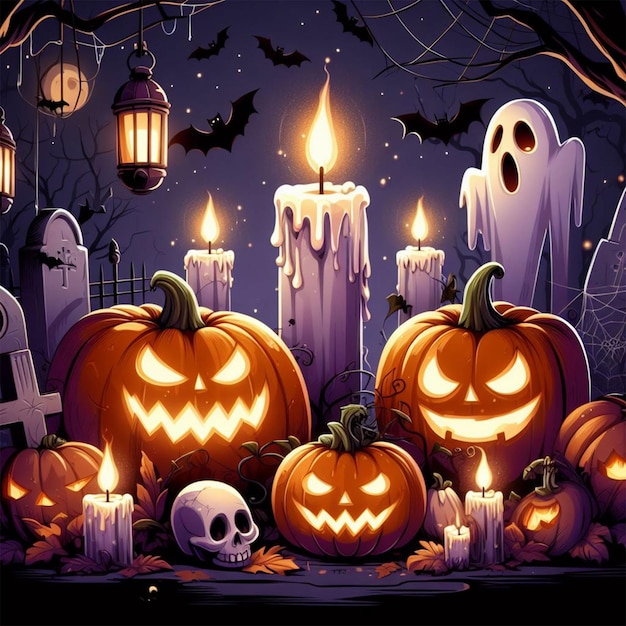 PSD spooky halloween scary pumpkins candle light vector illustration cartoon style