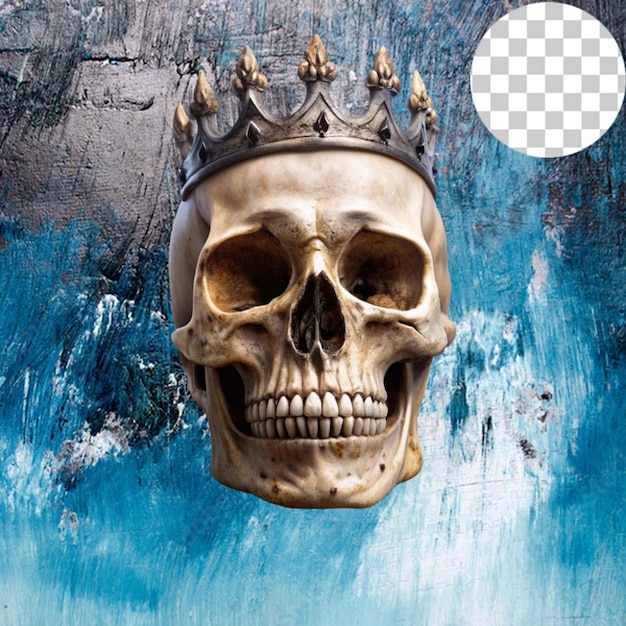 PSD spooky human skeleton skull with weathered crown on transparent background