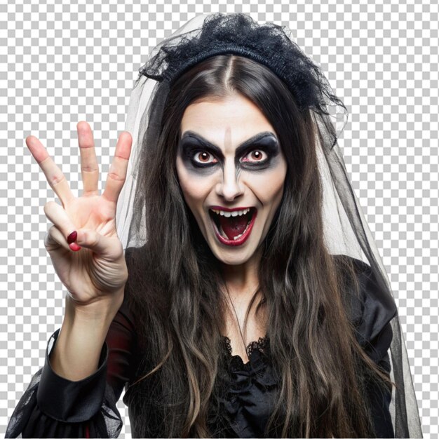 PSD spooky lady gesturing v sign on transparent background