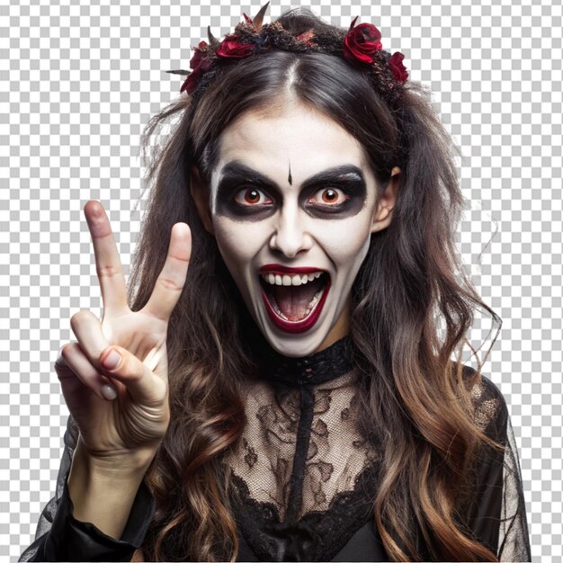 PSD spooky lady gesturing v sign on transparent background