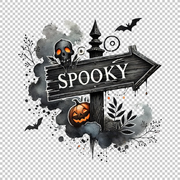 PSD spooky sign with skull and pumpkin illustration isolated on transparent background