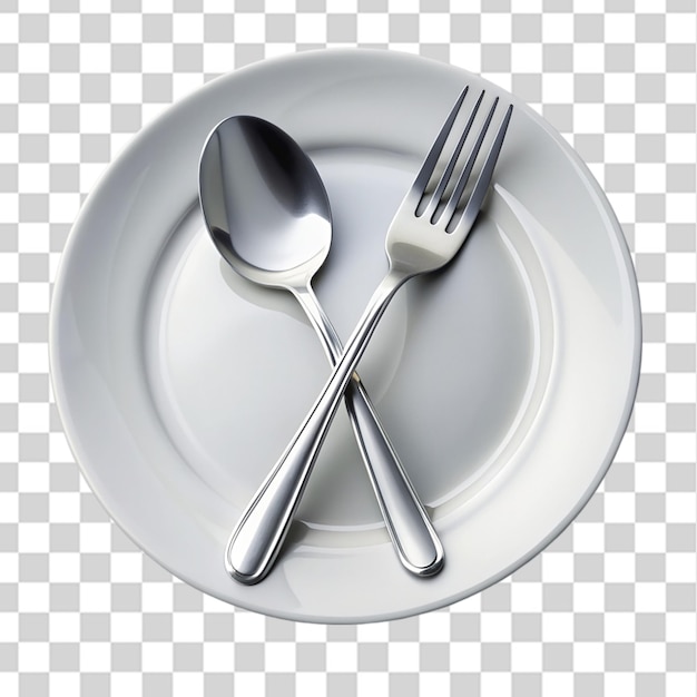 PSD spoon and fork in plate isolated on transparent background