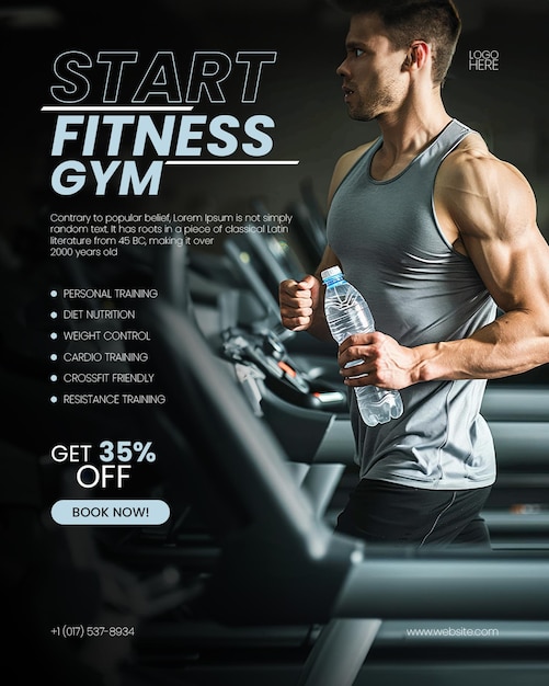 PSD sport gym poster template with a person running on the road