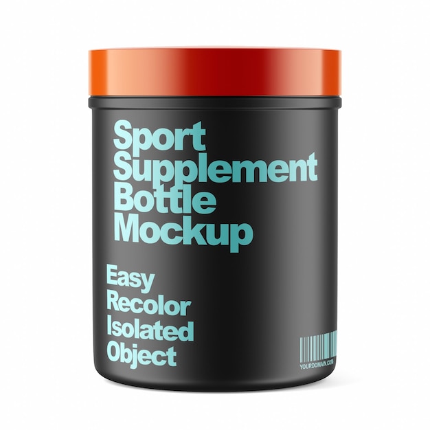 Sport supplement jar PSD template. Black plastic protein bottle 3d mockup. Whey nutrition tube