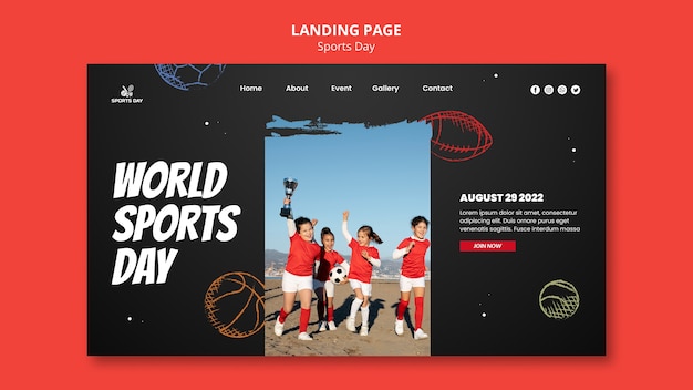 Sports day landing page template with hand drawn balls