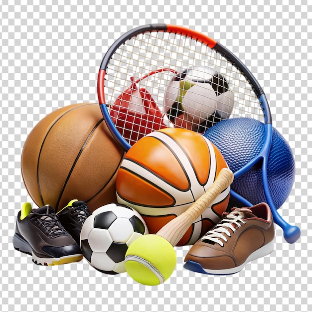 PSD sports equipment stacked on transparent background