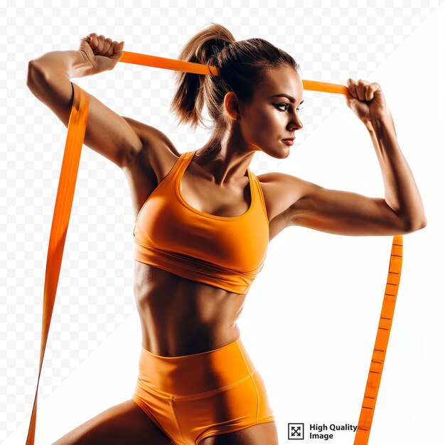 PSD sports girl with a fitness elastic band on a white isolated background