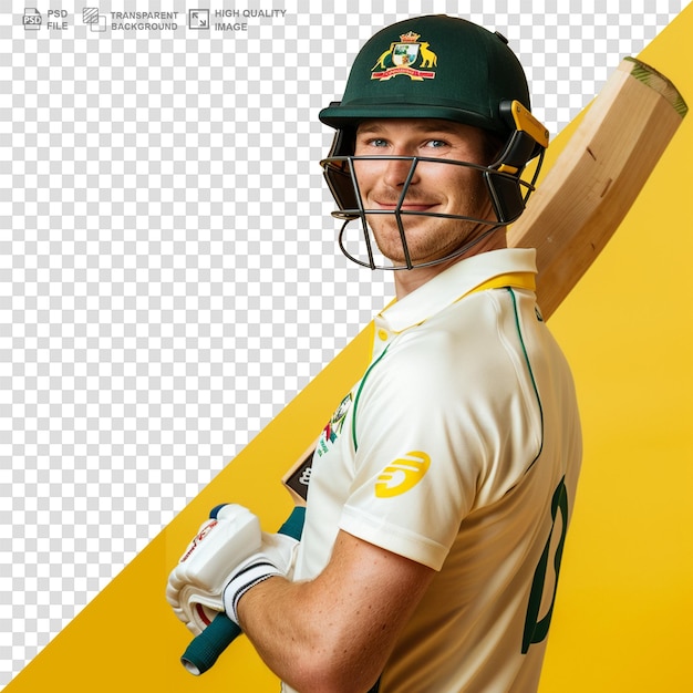 Sports man holding bat austrilian cricket player portrait on transparent background