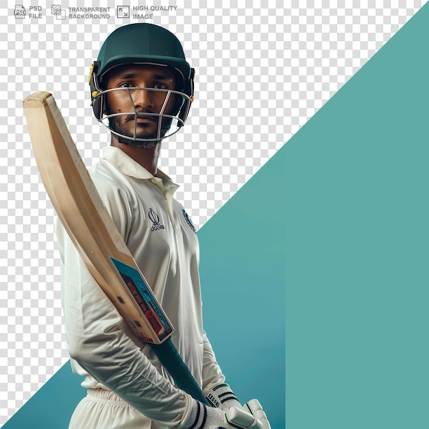 Sports man holding bat Indian cricket player portrait on transparent background