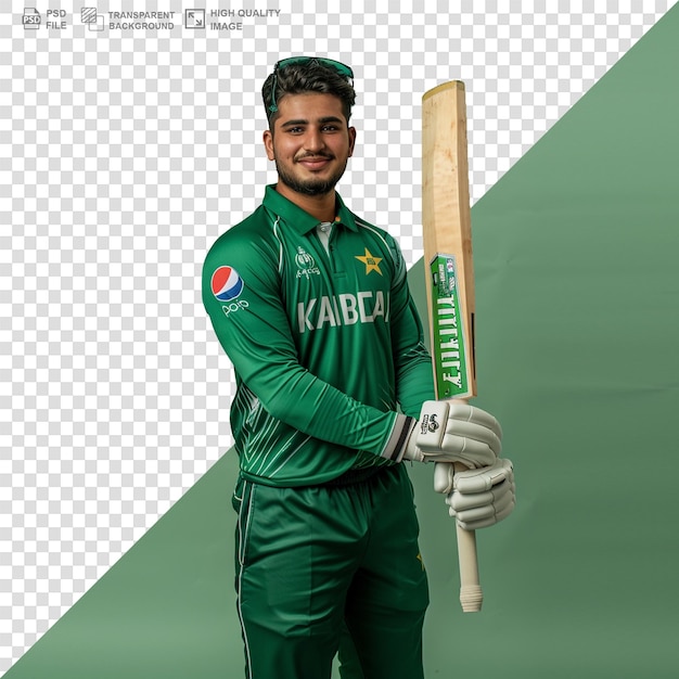 Sports man holding bat pakistani cricket player portrait on transparent background