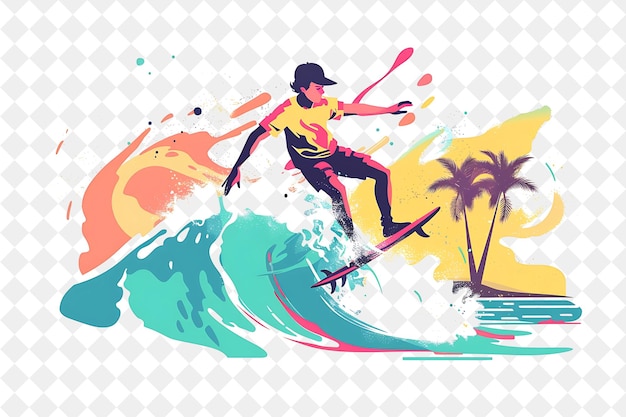 PSD sporty surfer with characters surfing and riding waves desig png people in daily work illustration