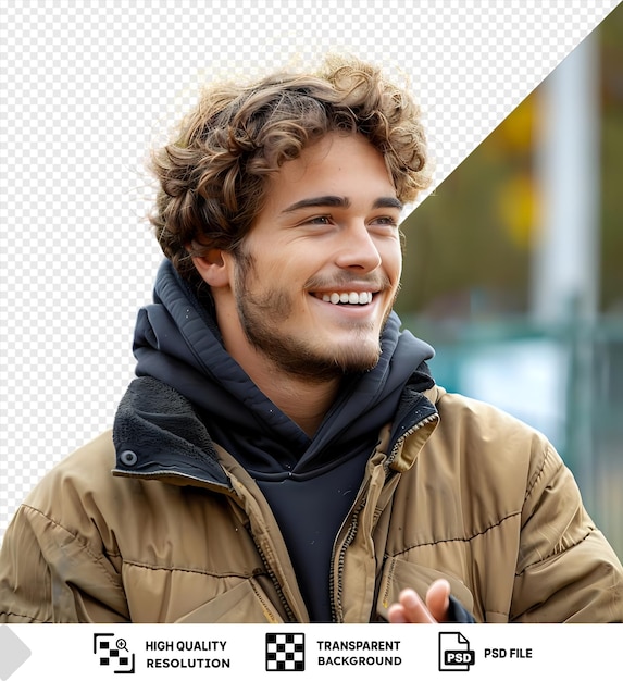 PSD a sporty young man with curly hair greets his friend in a park wearing a brown jacket and blue hood