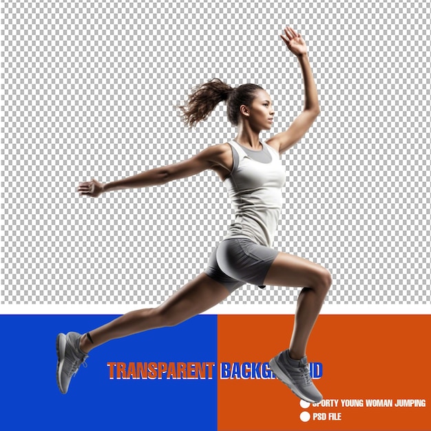 PSD sporty young woman jumping isolated on transparent background