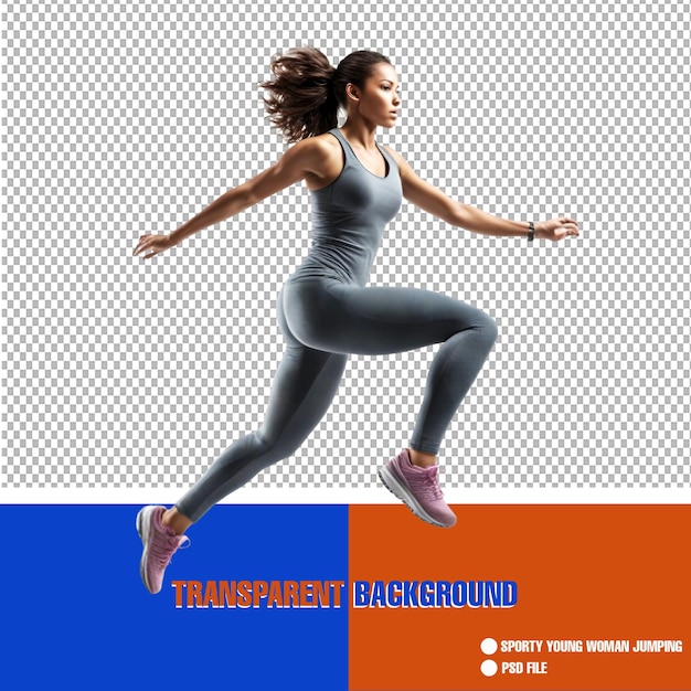 PSD sporty young woman jumping isolated on transparent background