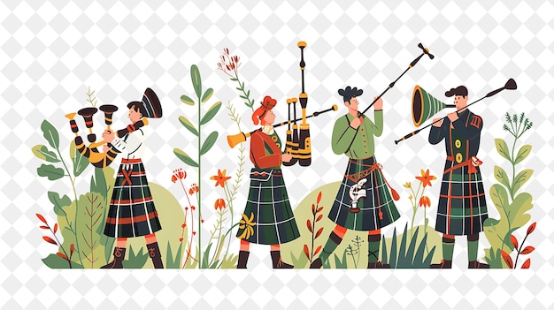 Spring Bagpipe Performance With Characters Playing Bagpipes PNG Festival 2D Flat Art Illustrations