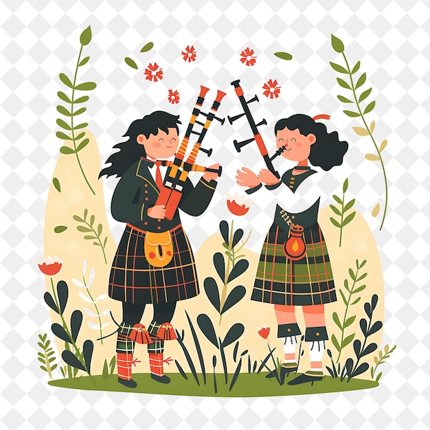 Spring Bagpipe Performance With Characters Playing Bagpipes PNG Festival 2D Flat Art Illustrations