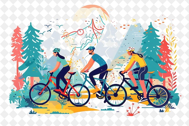 PSD spring bike ride with cyclists enjoying the scenic route des png festival 2d flat art illustrations