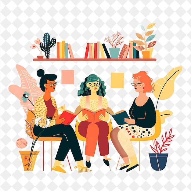 PSD spring book club with characters discussing books design is png festival 2d flat art illustrations