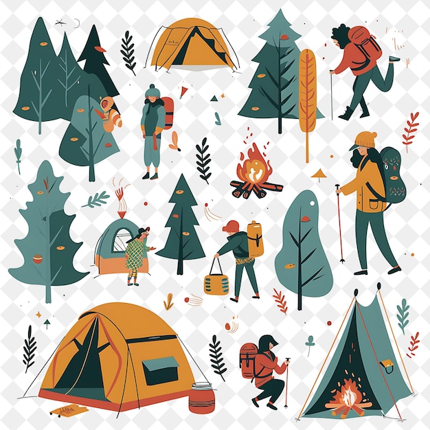 PSD spring camping trip with characters camping in a forest desi png festival 2d flat art illustrations