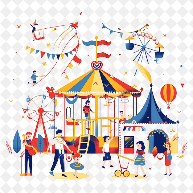 PSD spring carnival with families enjoying games and rides desig png festival 2d flat art illustrations