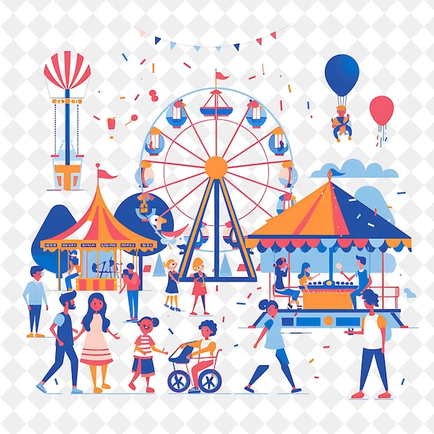 PSD spring carnival with families enjoying games and rides desig png festival 2d flat art illustrations