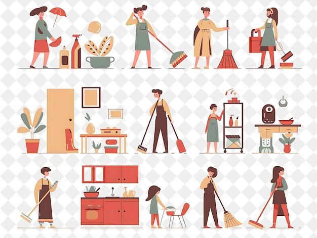 PSD spring cleaning with families tidying up their homes design png festival 2d flat art illustrations