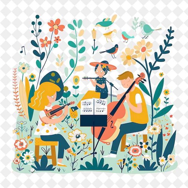 PSD spring concert with characters playing music in a garden des png festival 2d flat art illustrations