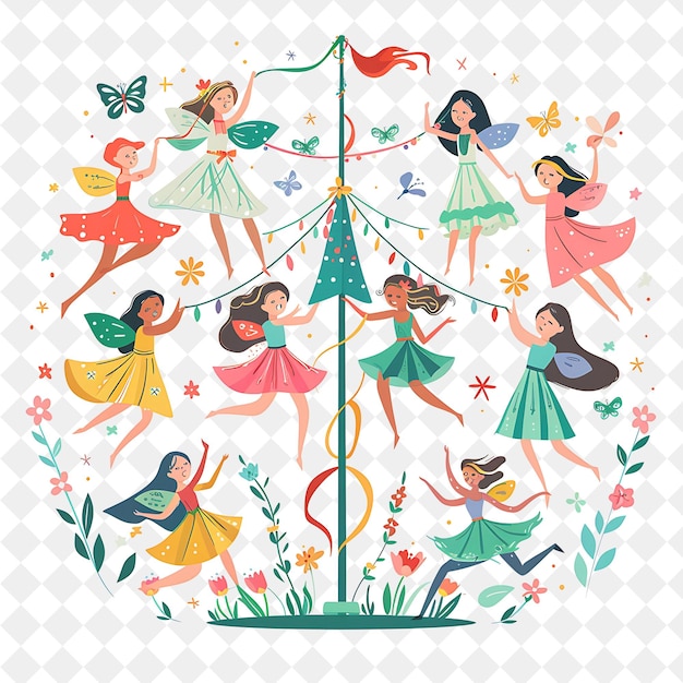 Spring Equinox Celebration With Fairies Dancing Around a May PNG Festival 2D Flat Art Illustrations