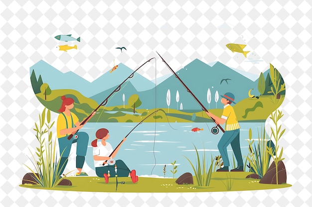 PSD spring fishing trip with characters fishing by a lake design png festival 2d flat art illustrations