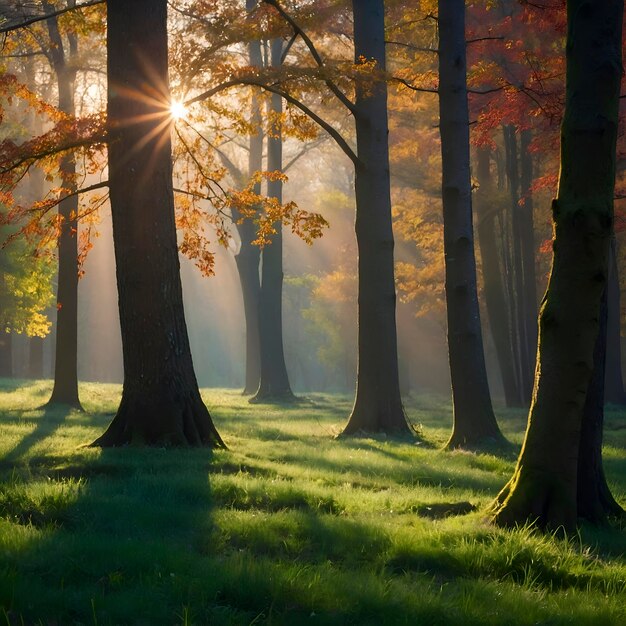 Spring forest landscape with colorful leaves trees and grass in the morning