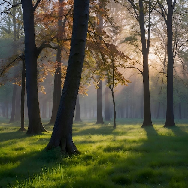 Spring forest landscape with colorful leaves trees and grass in the morning