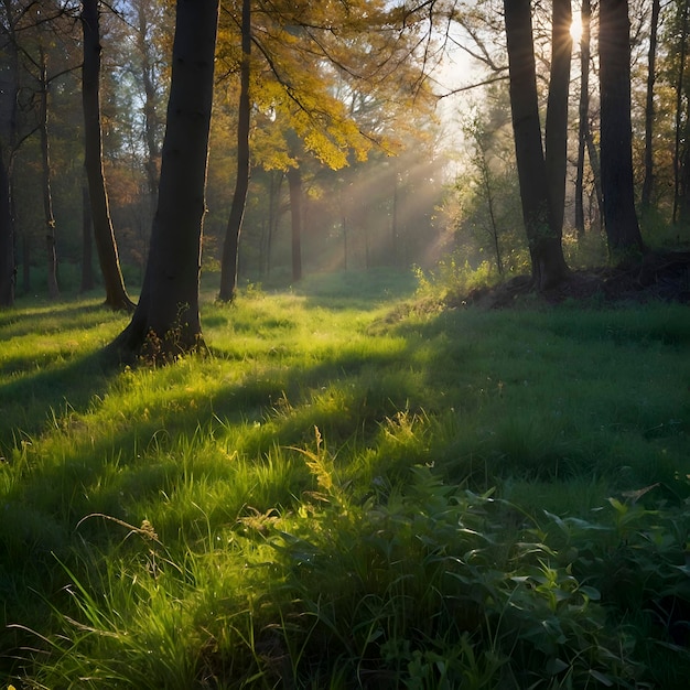 Spring forest landscape with colorful leaves trees and grass in the morning