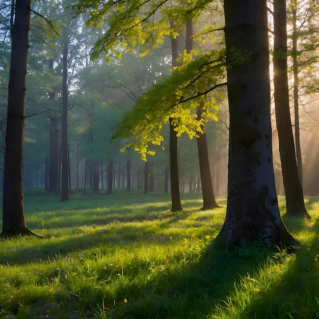 Spring forest landscape with colorful leaves trees and grass in the morning