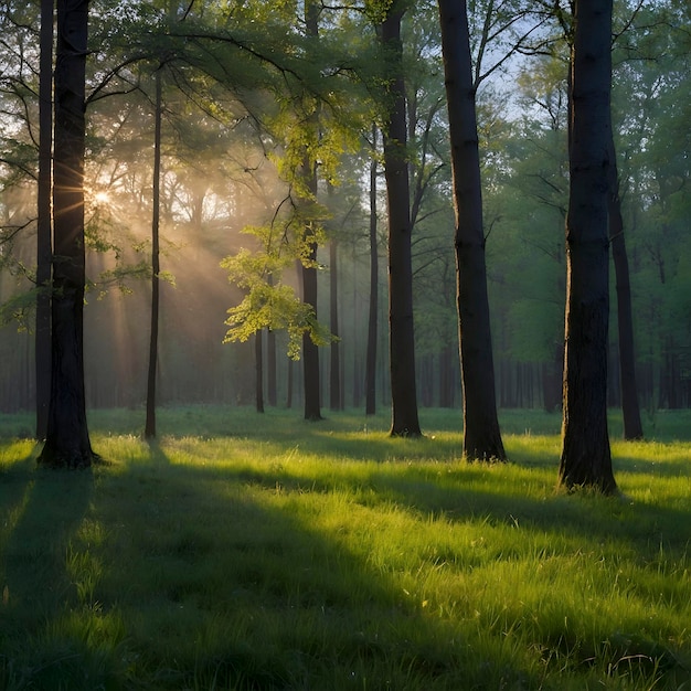 Spring forest landscape with colorful leaves trees and grass in the morning