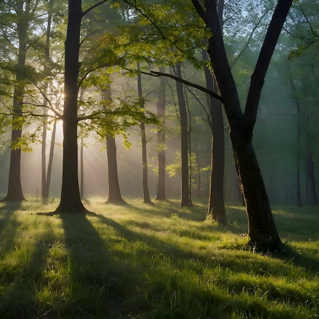 Spring forest landscape with colorful leaves trees and grass in the morning