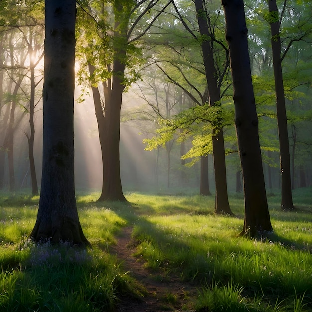 Spring forest landscape with colorful leaves trees and grass in the morning