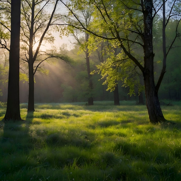 Spring forest landscape with colorful leaves trees and grass in the morning